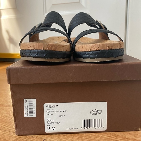 Coach New Women’s Size 9 Sunny Cut Snake Black Leather Cork Sandal Slides NIB - Picture 5 of 14